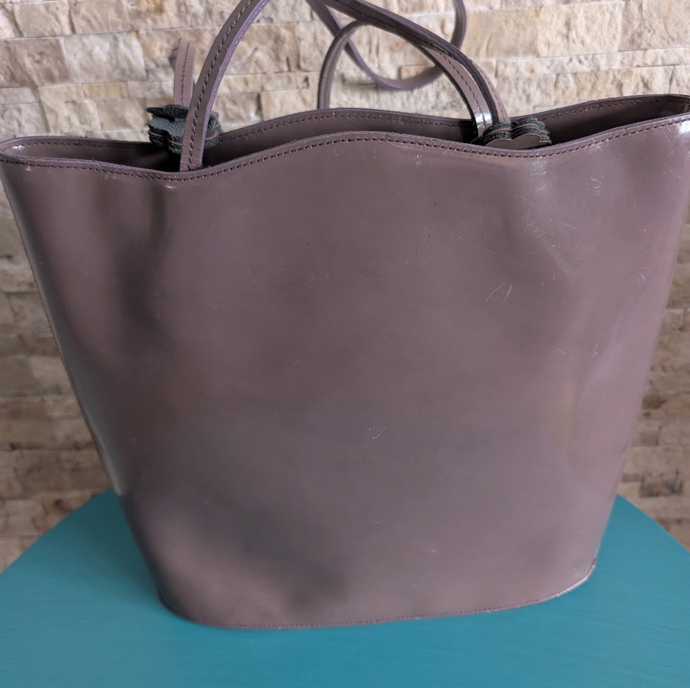 Vintage Furla Made In Italy Taupe Brown Patent Leather Tote Floral Accents image 8